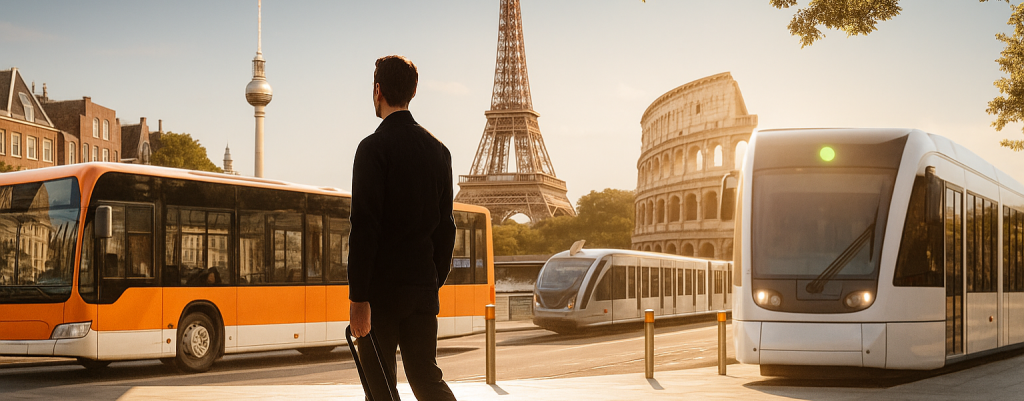 Man with suitcase standing in front of bus and tram in a European city with famous landmarks in the background.