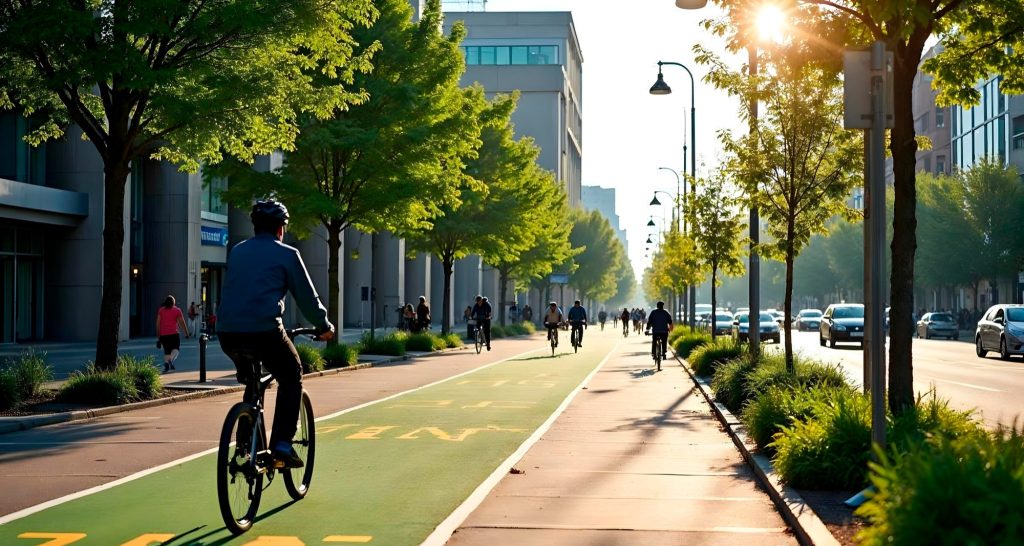 Cyclist riding on a dedicated green bike lane in a European city with trees and modern buildings.