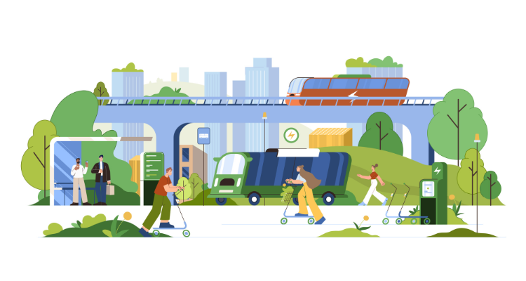 llustration of sustainable urban mobility with buses, trams, scooters, and people using public transport in a modern city.