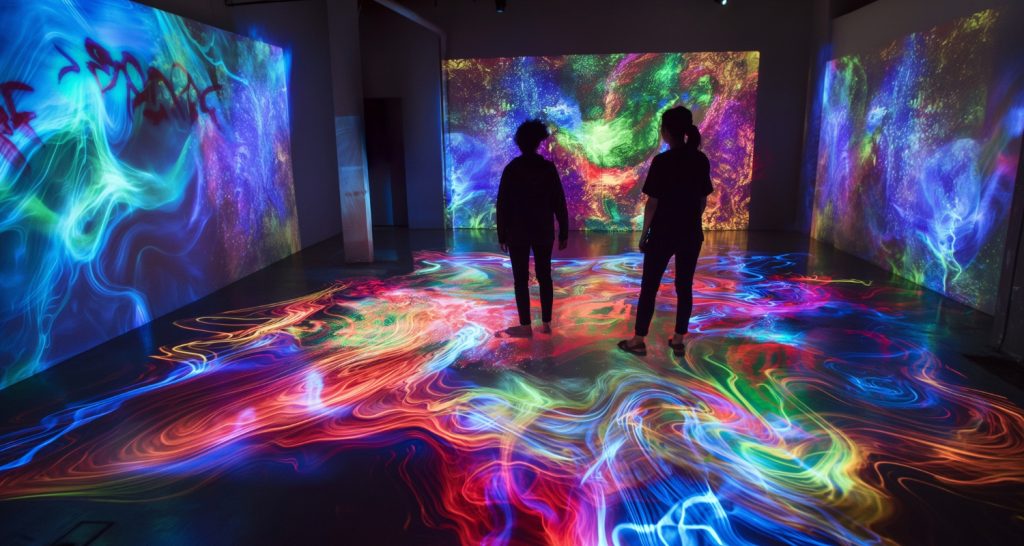 Visitors standing inside Frameless London, an immersive digital art exhibition with colorful swirling light projections on the walls and floor.